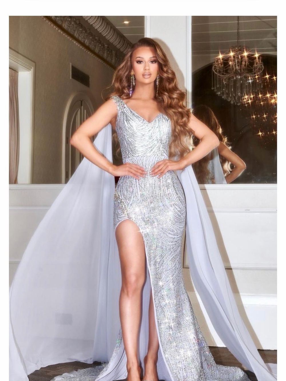 Portia and Scarlett Silver Sequin V‑Neck Gown with Cape and Slit NWT